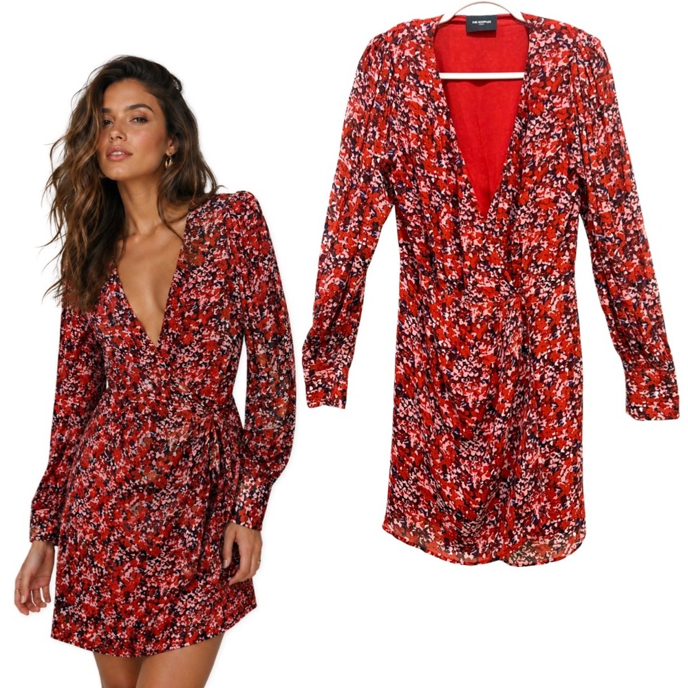 The Kooples Mini Floral Dress Red Medium V-Neck Long Sleeve Button Cuff Feminine